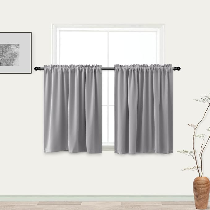 KOUFALL Kitchen Curtains 36 Inch Length,Light Grey Basement Windows 2 Packs Blackout Light Blocking Small Half Medium Gray Short Curtains for Bedroom Bathroom 34x36 Inches Long