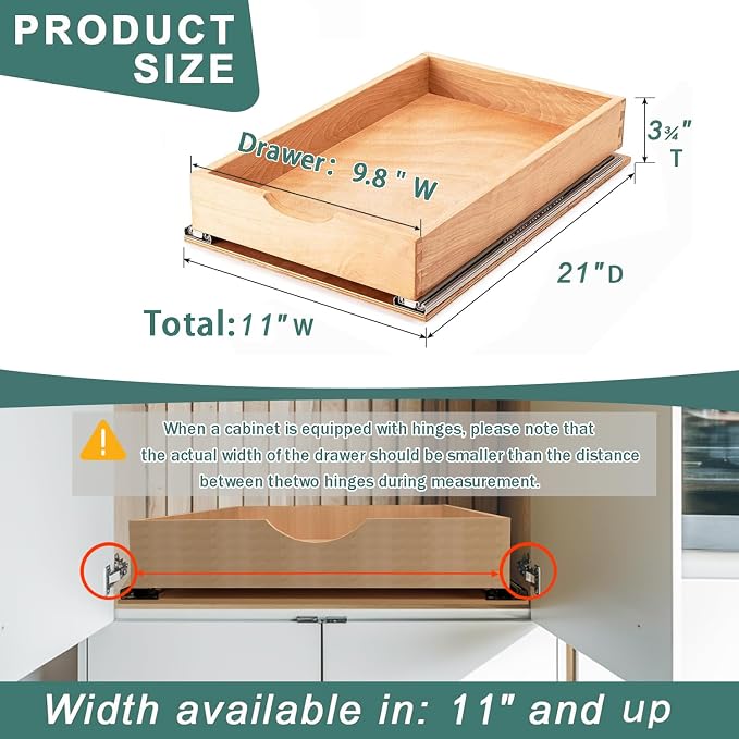 Pull Out Drawers for Kitchen Cabinets, Pull Out Cabinet Organizer, Fully Assembled Wood Cabinet Pull Out Drawer, Fast and Easy DIY Installation, 11”W x 21”D