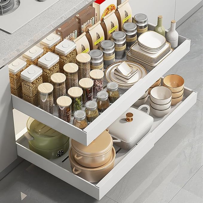 Gigicloud Pull Out Cabinet Organizer Expandable, Heavy Duty Slide Out Drawers for Kitchen Cabinets - Adhesive No Drill Roll Out Shelves Adjustable Width Roll Out Shelf - Fits 12.6"-26.7" Widths