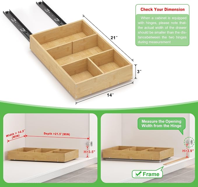 Bamboo Pull Out Cabinet Organizer, 14" W x 21" D No Drill Adhesive Slide Out Drawers, Pull Out Shelves for Kitchen Pantry Bathroom Storage