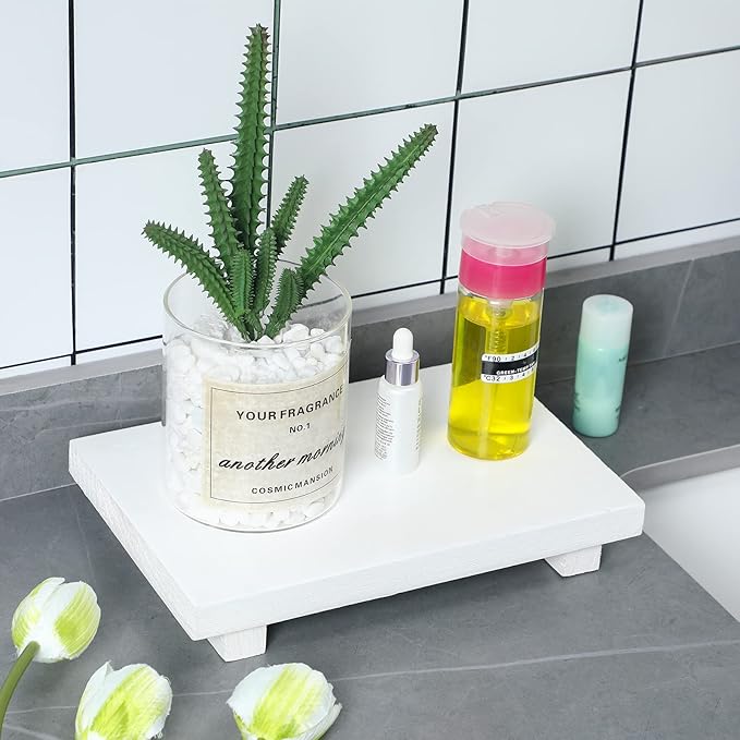 Nuogo Wood Riser Tray Soap, Stand Soap Tray for Kitchen Sink, Wood Pedestal for Kitchen Counter Sink Stand Decorative Rustic Bathroom Dishes Plant Bottles Candles Display(9 x 6 Inch,White)