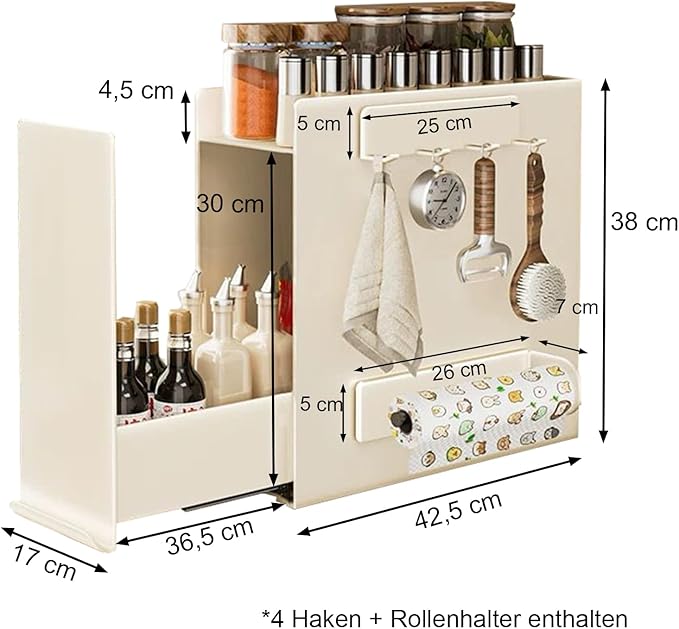2 Tier No Assembly Pull Out Spice Rack Countertop, Sliding Drawer for Tall Bottles, with Magnetic Panels with Paper Towel Holder and 4 Hooks