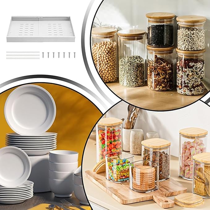 Expandable Pull-Out Cabinet, Adhesive Slide-Out Shelves,Roll-Out Drawers for Easy Access,Heavy Duty for Kitchen, Bathroom & Pantry(White,Small)