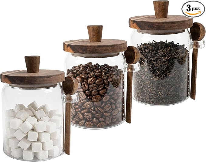 Set of 3 Glass Jars Containers with Wooden Lids and Scoop Clear Canister Jars Set with Spoon for Kitchen Food Storage Coffee Tea Sugar Decorative Countertop Organization Jars 31 oz (3)