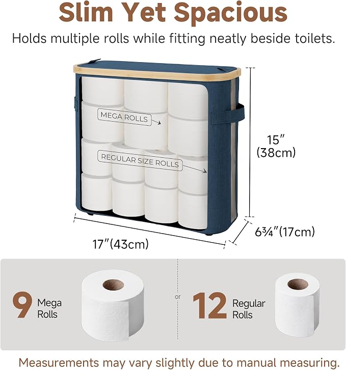 StorageWorks Toilet Paper Storage Baskets with Dual Flip Lids, Toilet Paper Organizer for Bathroom, Toilet Paper Container with Side Pocket, Holds 9 Mega or 12 Regular Rolls, Medium, Blue
