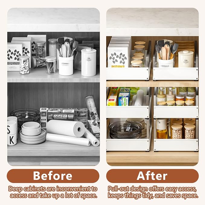 Pull Out Cabinet Organizer with Adhesive Nano Film, Heavy Duty Slide Out Pantry Shelves Drawer Storage, Under Sink Organizers for Bathroom, Kitchen (White,Stackable-11”W x 16.54”Dx 14.57”H)