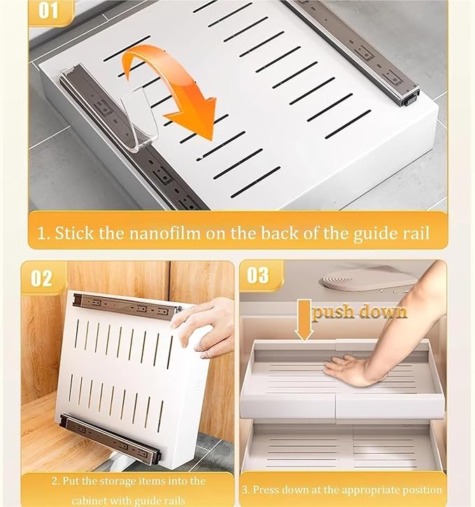 Pull out Cabinet Organizer,Under Sink Organizer, Cupboard Pull Out Storage,Pull Out Drawer Fixed With Adhesive,No Need Drill And Nailing,for Kitchen, Living Room, Home.(18*43*7cm(7.1*16.9*2.7in))