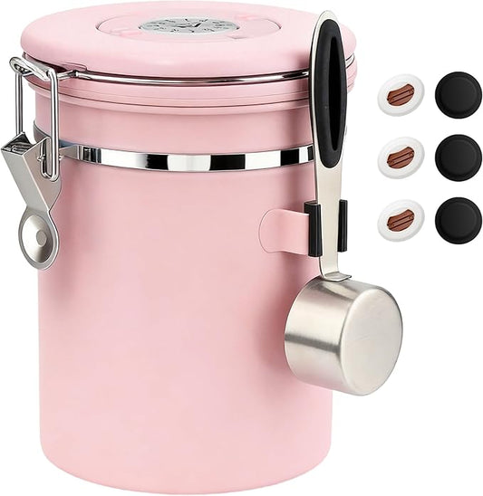 ShanSon Coffee Canister Airtight, Stainless Steel Bean Storage Container with Date Tracker & Scoop, Grounds Sugar Flour Tea Cereal Fits Kitchen Pantry, Ideal Gift for Coffee Lovers,22oz, Pink