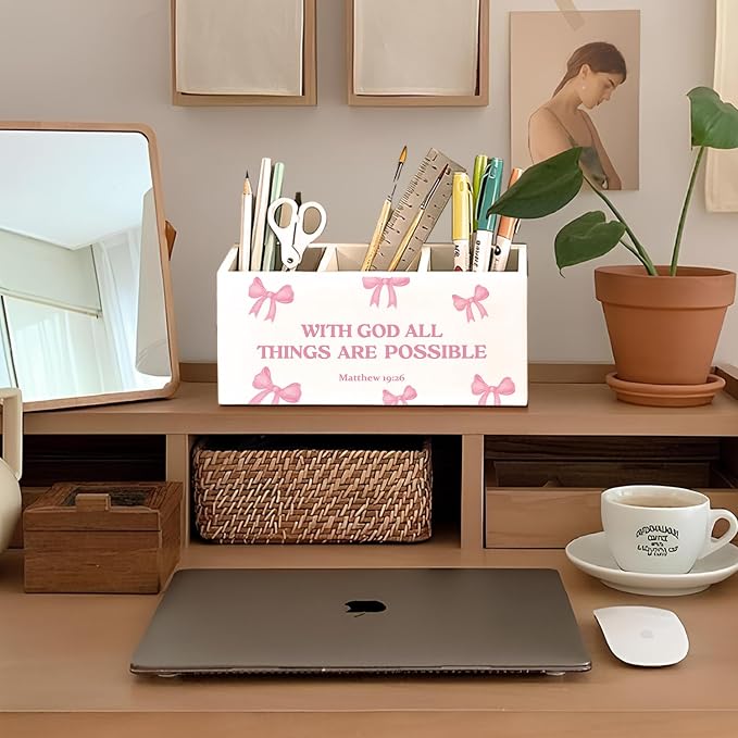 Coquette Pink Bow Christian Pen Pencil Holder for Desk, Christian Gifts for Women, With God All Things Are Possible Wooden Box Sign Decorations for Girly Room Bedroom Dorm Office Desk Tabletop