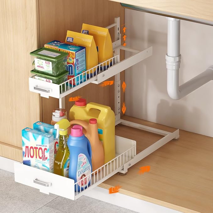 Under Sink Organizer, 2 Tier Slide Out Cabinet Organizer with Pulley, Height Adjustable Pull Out Shelf for Kitchen, Bathroom, Laundry and Utility Storage, White, 1 Pack