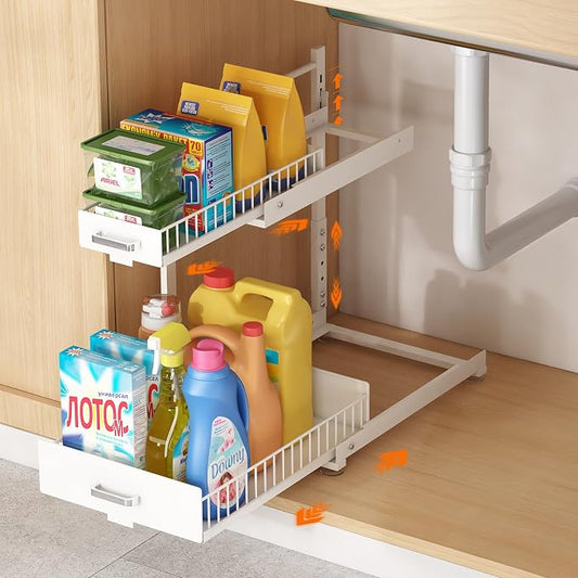 Under Sink Organizer, 2 Tier Slide Out Cabinet Organizer with Pulley, Height Adjustable Pull Out Shelf for Kitchen, Bathroom, Laundry and Utility Storage, White, 1 Pack