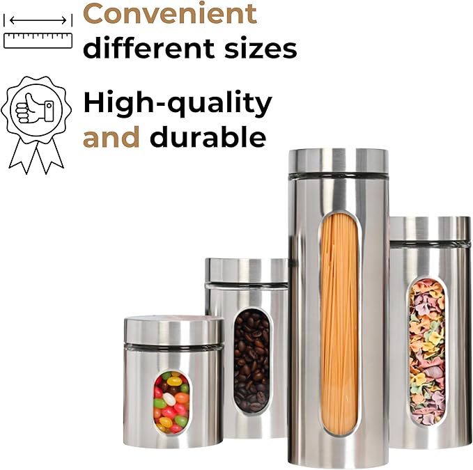 JS Gourmet 4 Pcs Stainless Steel Canisters Set for Kitchen with Glass Window and Airtight Lid, Perfect for Storing Coffee, Spaghetti, Sugar, Beans and Dry Ingredients (Silver)