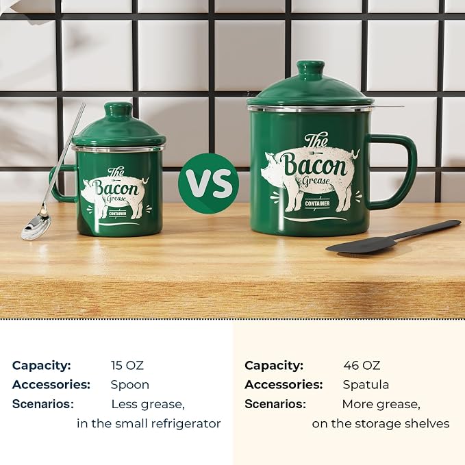 PGYARD Mini Bacon Grease Container With Strainer - 15OZ Enamel Grease Saver, Farmhouse Bacon Grease Keeper For Kitchen Fat Storage, Dishwasher Safe-Green