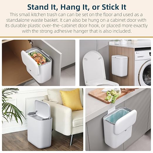 MUEE Compost Bin Kitchen for Counter Top or Under Sink, Hanging Small Trash Can with Lid [1.3 Gal/5L], Food Waste Bin, Mountable Garbage Can for Cupboard/Bathroom/Bedroom/Office/RV, Matte White