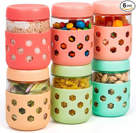 Gemice 6-Pack 16 oz Overnight Oats Containers with Lids and Silicone Sleeves, Glass Mason Jars with Airtight Lid, Dishwasher Safe, Wide Mouth Chia Seed Pudding Meal Prep Jar for Yogurt Berries Snack
