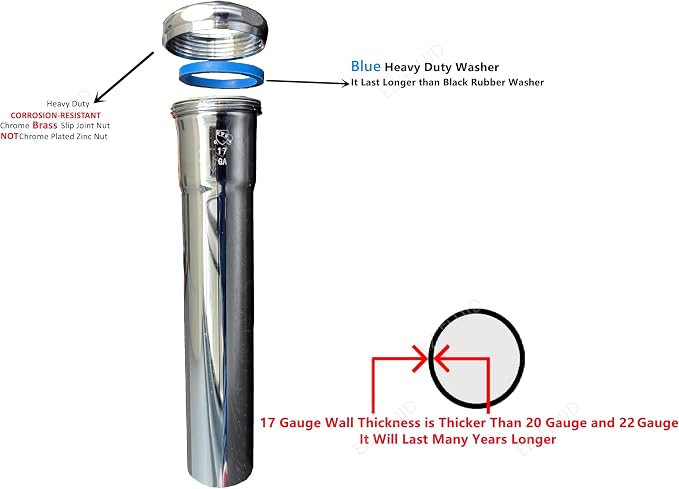 EZ-FLUID 1-1/4" x 6" Heavy Duty Thick Commercial Grade 17GA Chrome Brass Tubular Slip-Joint Extension Sink TailPiece Tube,Brass Nut For Bathroom,Kitchen Under Sink P-Trap Drain Pipe(1)