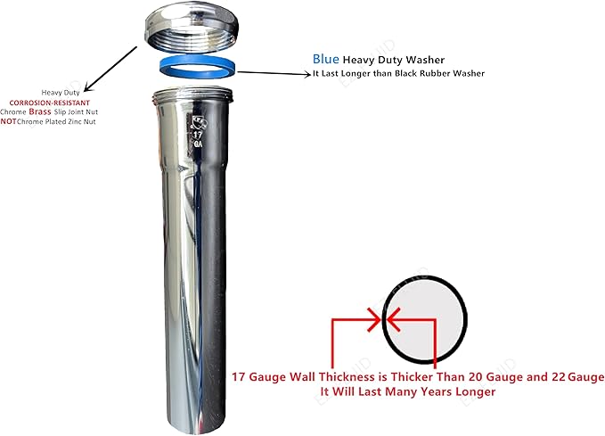 EZ-FLUID 1-1/4" x 8" Heavy Duty Thick Commercial Grade 17GA Chrome Brass Tubular Slip-Joint Extension Sink TailPiece Tube,Brass Nut For Bathroom,Kitchen Under Sink P-Trap Drain Pipe(1)