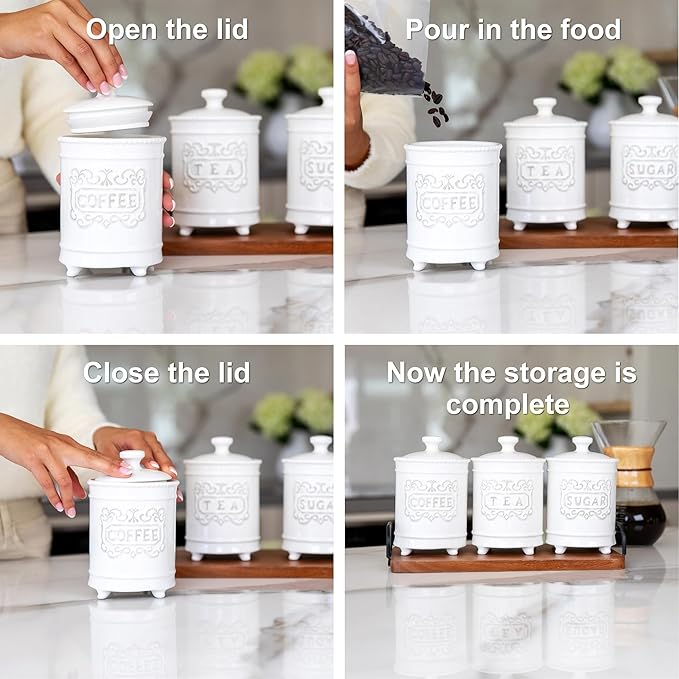 25DOL 35 Ounce Elegant Ceramic Kitchen Canisters Set of 3 - Beautifully Engraved Coffee Tea Sugar Storage Containers Airtight with Feet for Added Style and Stability - Ceramic Jar with Airtight Lid