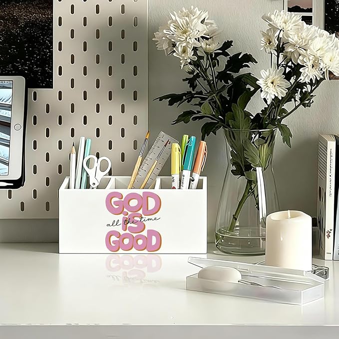 Pink Christian Pen Holder, Christian Gifts for Women Pencil Holder for Desk, God Is Good Bible Verse Preppy Wooden Box Sign Decorations for Girly Room Bedroom Dorm Desk Tabletop