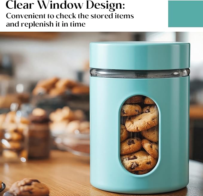Mimorou 3 Pcs Stainless Steel Canister Set with Glass Windows Visible Storage Jars Silver Kitchen Canister Set for Pasta Flour Oat Sugar Container, Kitchen Tools, Housewarming Gifts(Turquoise,20 oz)