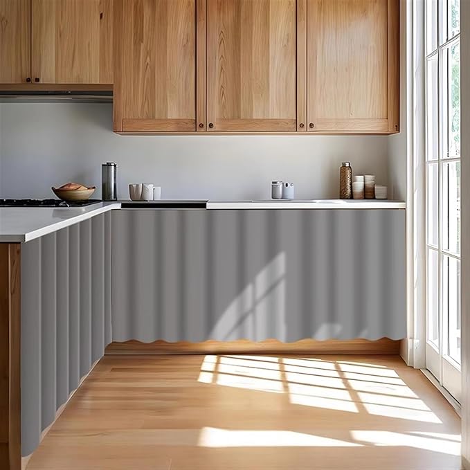 Under Sink Curtain for Closet, Privacy Short Cabinet Curtain Self Stick Adhesive Desk Skirt for Kitchen Classroom, Light Grey, 55" W x 20" L