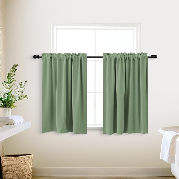 KOUFALL Bathroom Curtains Window,Short Blackout Boho Sage Green Decorative Privacy Curtain 18 x 24 Inch Length