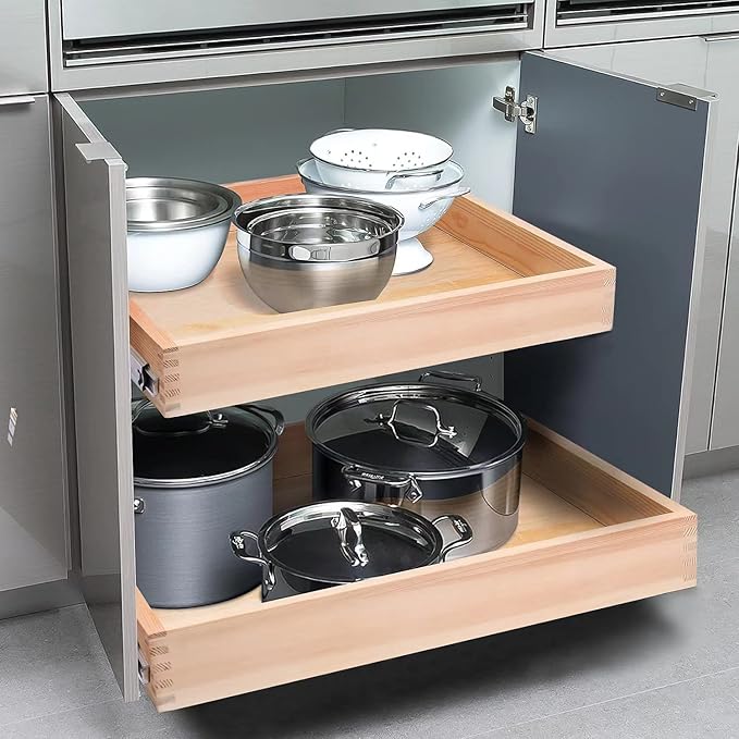 Mulush 16”W x 21”D x 3‘’H Soft Close Slide Out Wood Drawer Organizer for Kitchen, Finished, (Cabinet Opening>17.5 inches for Bottom Assembly, Opening= 17 inches for Side Assembly)
