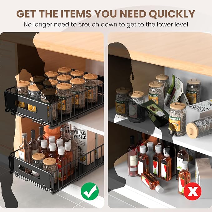 4 Pack Pull Out Cabinet Organizer, NECHEGI Heavy Duty Slide Out Pantry Drawers Shelves Storage With Strong Adhesive Strips and Handle for Kitchen, Bathroom, Living Room, Home (14.8"D X 9.6"W X 3.9"H)