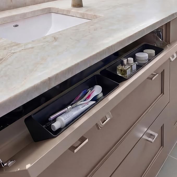 Zonon 2 Set 14 Inch Tip Out Tray for Front Sink Drawer with Hinges and Mounting Plate Includes Screws and No-Drill Adhesive, Metal Pull Out Storage Organizer for Kitchen Bathroom Cabinet