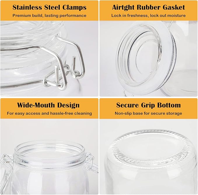 Flrolove Glass Kitchen Storage Canister Mason Jars with Lids,32oz Airtight Glass Canister with Hinged Lid，Perfect for Kitchen Canning Cereal,Pasta,Sugar,Beans (Labels & Chalk Marker)-Set of 4