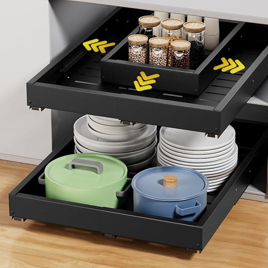 Upgrade 2 Pack Pull Out Cabinet Organizer, Expandable Width (11.4"-18.9") Depth (16.3"-21.7") Pull out Drawers for Cabinets with 3 Rails, No Drill Adhesive Film or Nail Slide out Drawers for Kitchen