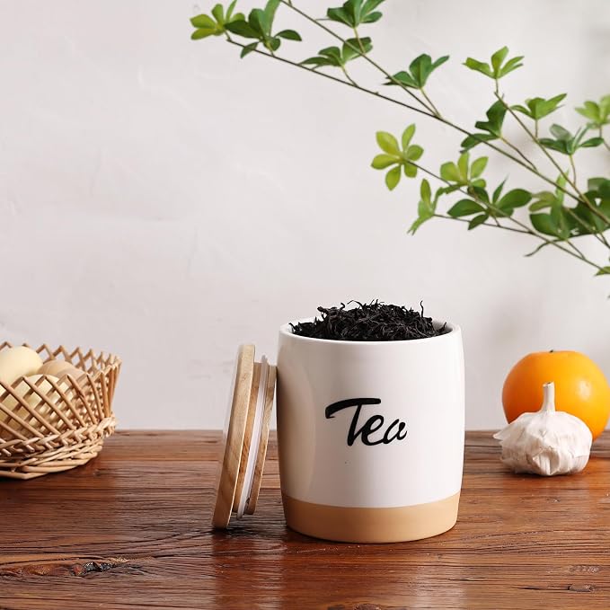 LEETOYI Ceramic Food Storage Containers with Lid,Modern Farmhouse Kitchen Decor, Countertop Food Storage Caddy Organizer, 33oz (Labeled Tea)
