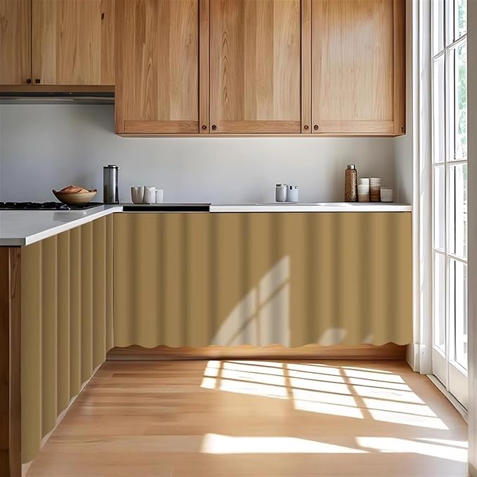 Under Sink Curtain for Closet, Privacy Short Cabinet Curtain Self Stick Adhesive Desk Skirt for Kitchen Classroom, Camel, 32" W x 28" L