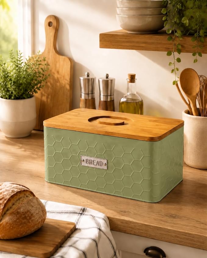 vensovo Bread Box for Countertop – Large Green Metal Bread Bin with Bamboo Cutting Board Lid, Farmhouse Bread Storage Container for Homemade Bread, Baked Goods & Kitchen Counter Organization