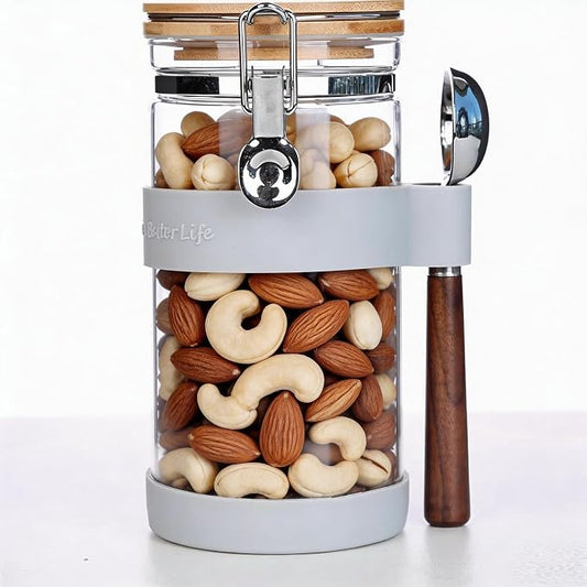 KKC 1.2L Airtight Glass Food Storage Jar with Bamboo Lid & Spoon - Clear Kitchen Canister for Nuts, Seeds & Snacks - Keeps Food Fresh & Crispy, Pantry Organization & Countertop Decor