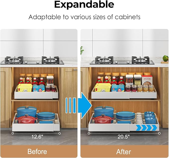Pull Out Cabinet Organizer, 2PCS 16.5"Deep Expandable Heavy Duty Pull Out Drawers for Cabinets Fixed with Adhesive Film, Peel Stick Slide Out Drawers for Kitchen Pantry Bathroom, No Screw (White)