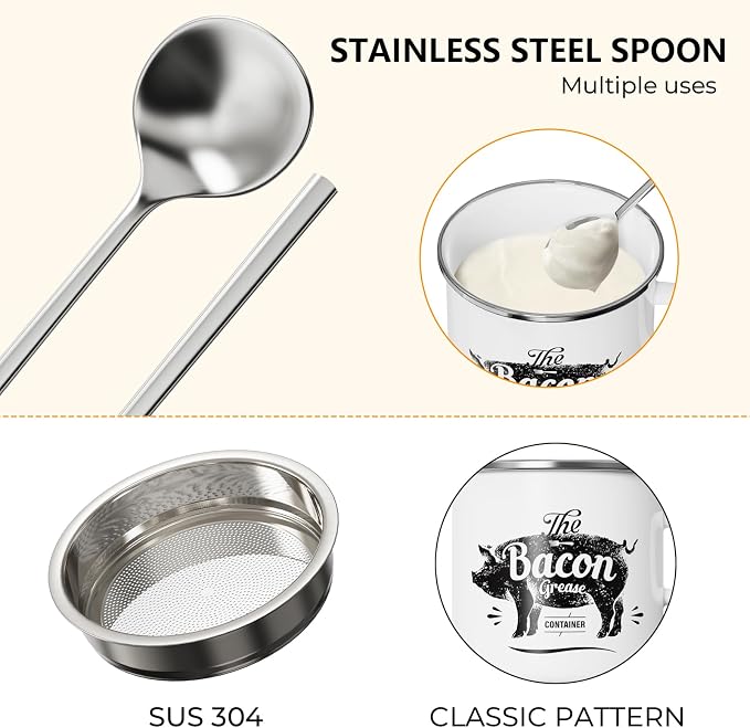 PGYARD Mini Bacon Grease Container With Strainer - 15OZ Enamel Grease Saver, Farmhouse Bacon Grease Keeper For Kitchen Fat Storage, Dishwasher Safe-White