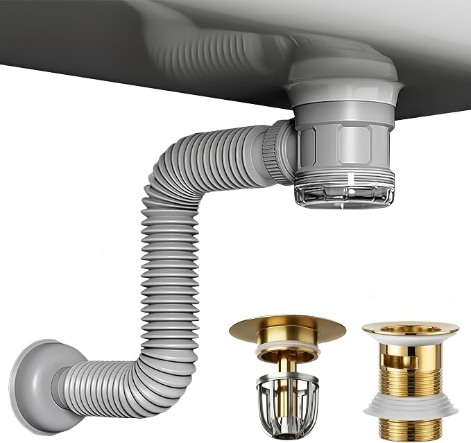Bathroom Sink Drain Kit with Flexible Expandable Pipe: Odor-Free & Backflow-Preventing, Space-Saving Design without a P-trap, For 1-1/4'' & 1-1/2'' Drain Hole (Gold, With Overflow)