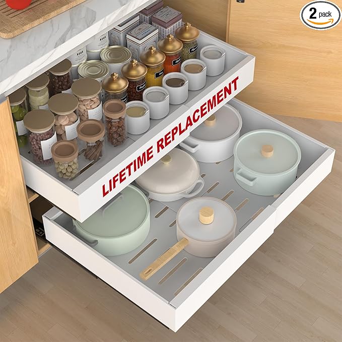 ANTOWIN 2-Pack Expandable Pull Out Cabinet Organizer 21"Deep(12.2"-20.5"W), 3 Full Extension Glides Slide Out Drawers, Roll Out Shelves Adhesive Raising Pad,Compatible Framed Cabinets,90lb Cap,White