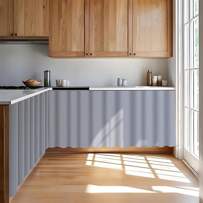Under Sink Curtain for Closet, Privacy Short Cabinet Curtain Self Stick Adhesive Desk Skirt for Kitchen Classroom, Grey Blue, 35" W x 20" L