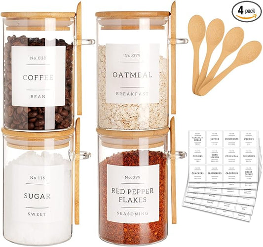 CZZGSM Glass Jar with Bamboo Lid and Spoon - 4 Pcs 17 oz Sugar Container with 132 Food Pantry Labels - Glass Containers with Wooden Lids Hold Coffee, Tea, Candy