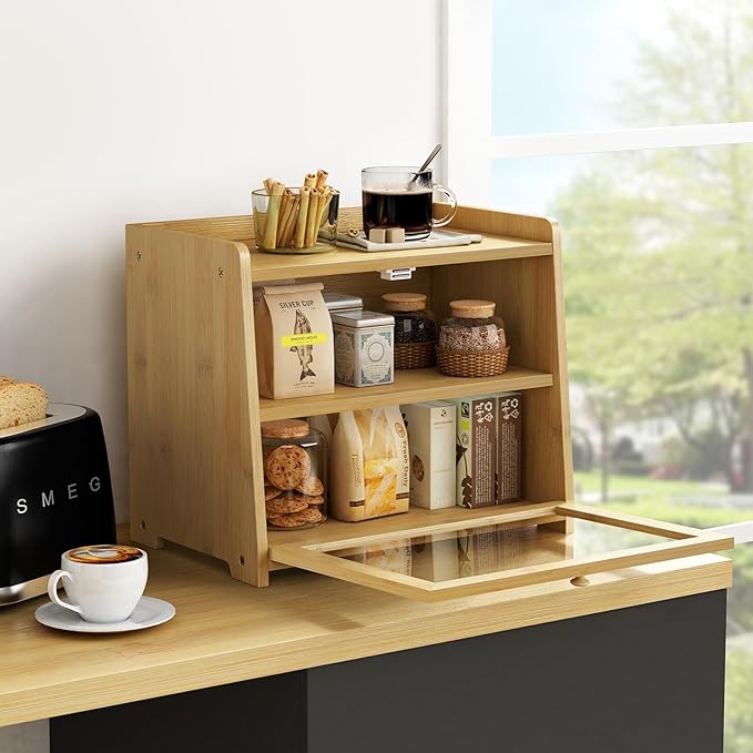 Goozii Bamboo Bread Box for Kitchen Countertop, Wooden Kitchen Counter Organizers and Storage for Bread, Coffee, Spices, Snacks, Wood Vintage Breadbox Container for Cabinet, Bedroom, Bathroom