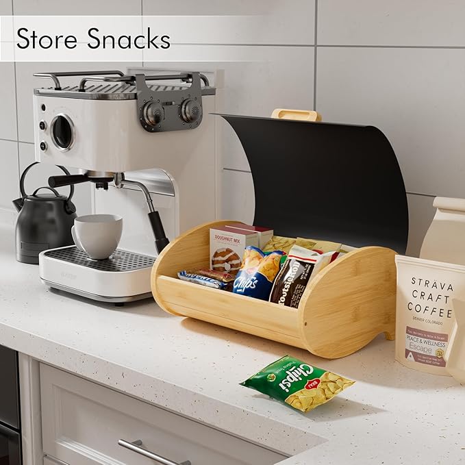 Modern Bread Box for Kitchen Countertop, Bamboo Storage Container with Stainless Steel Lid, Bread Storage Bin for Homemade Bread, Counter Organizer for Snack Tea Coffee Sugar (Black Large)