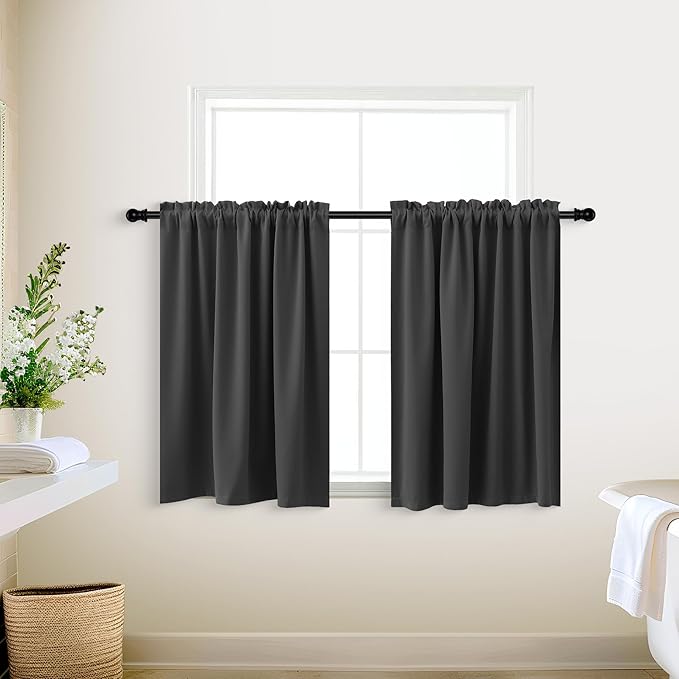 KOUFALL Small Window Curtains for Bathroom & Kitchen, Total Width 36 x 24 Inch, Short Blackout Mini Half Curtains for Windows, Wide 18 x 24 Length, Dark Grey