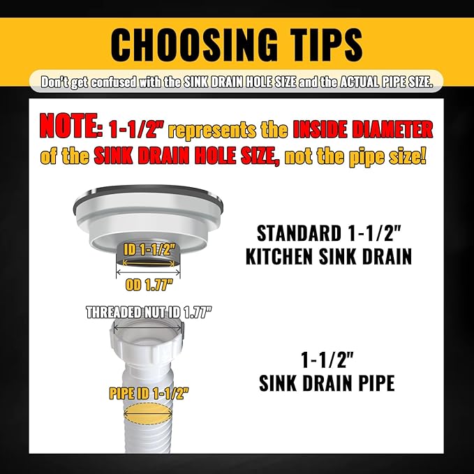 VIVIDA Flexible Sink Drain Pipe, 1-1/2" Expandable Flexible P Trap Drain Pipe, 11"-31.5" Sink P Trap for Bathroom & Kitchen, 1-1/4" Adapter Included, White, 1 PACK
