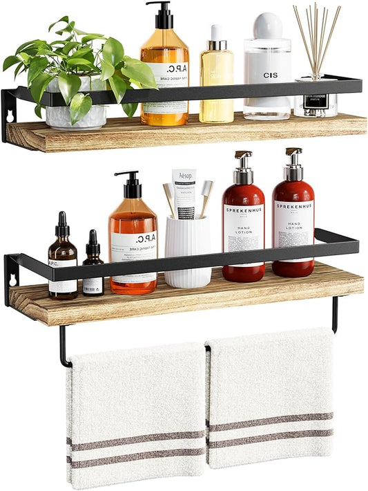 AMADA HOMEFURNISHING Bathroom Shelves with Towel Bar, Floating Shelves, Wall Shelves for Bathroom/Living Room/Kitchen/Bedroom, Light Brown, Set of 2 - AMFS01