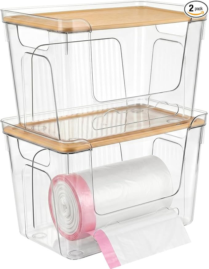 CANTAMI Trash Bag Dispenser with Lid, 2 Pack Plastic Stackable Trash Bag Holder, Extra Large Garbage Bag Dispenser for Kitchen, Laundry Room, Under Sink Organization and Storage