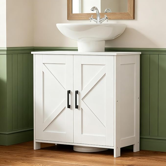 Pedestal Sink Storage Cabinet, Farmhouse Under Bathroom Sink Storage Cabinet with 2 Doors and Shelf, Pedestal Sink Organizer, 11.8" D x 23.6" W x 23.6" H, White
