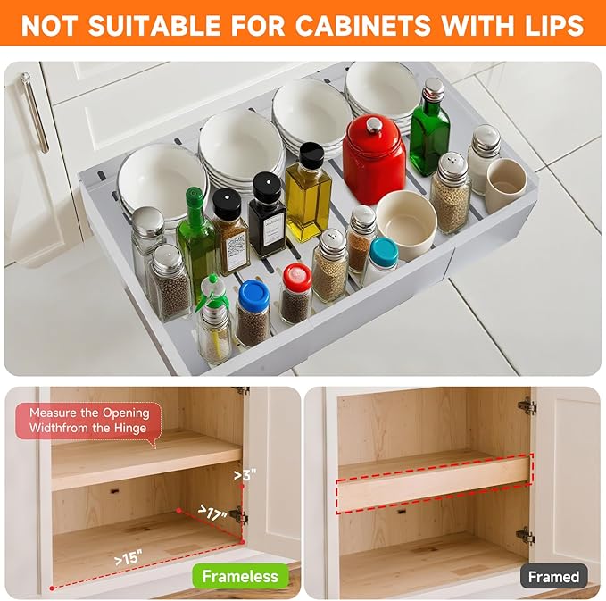 Pull out Cabinet Organizer,Adjustable Width (14"-19") and Depth (17"-24") Expandable,No Drill Slide out Drawers for Kitchen,Pantry,Adhesive Roll out Shelves,for Cabinets Without Lip (white)