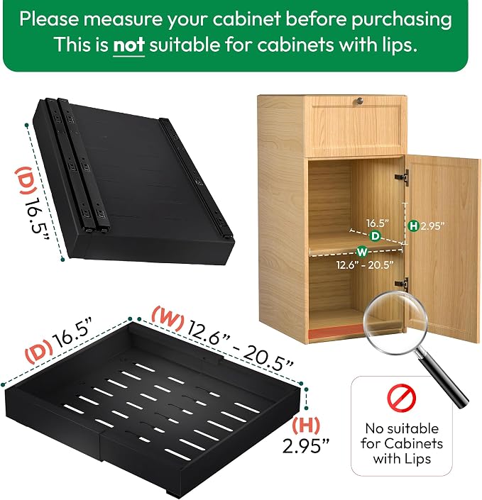 Expandable Pull Out Cabinet Organizer, No Punch Under Counter Storage Organizer, Pull Out Drawers for Cabinets Ideal for Kitchen, Pantry and Bathroom, Adjustable from 12.6" to 20.5", Black